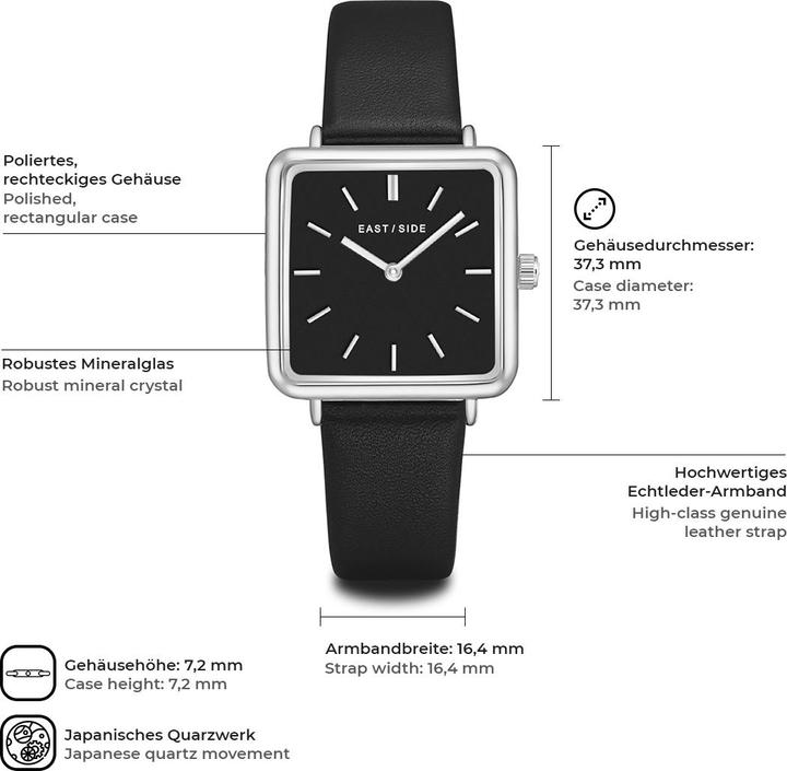 Image du produit Eastside Montre à quartz pour femme Grand en cuir véritable noir - 11254 (Montre analogique, 37.30 mm)