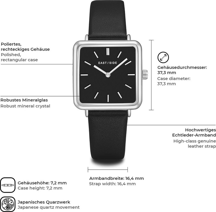 Produktbild Eastside Damen Quarzuhr Grand Echtleder schwarz - 11254 (Analoguhr, 37.30 mm)