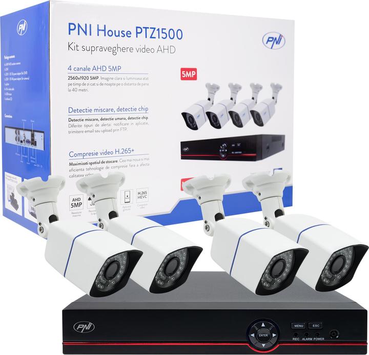 Immagine prodotto PNI Pacchetto di videosorveglianza AHD House PTZ1500 5MP - DVR e 4 telecamere da esterno (2560 x 1920 pixel)