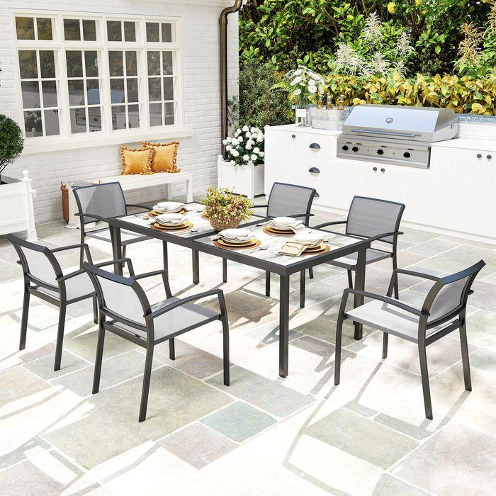 Produktbild Swisshandel24 7 tlg. Essgruppe für 6 Personen, Stühle stapelbar, Stahlgestell, Grau (87 cm)