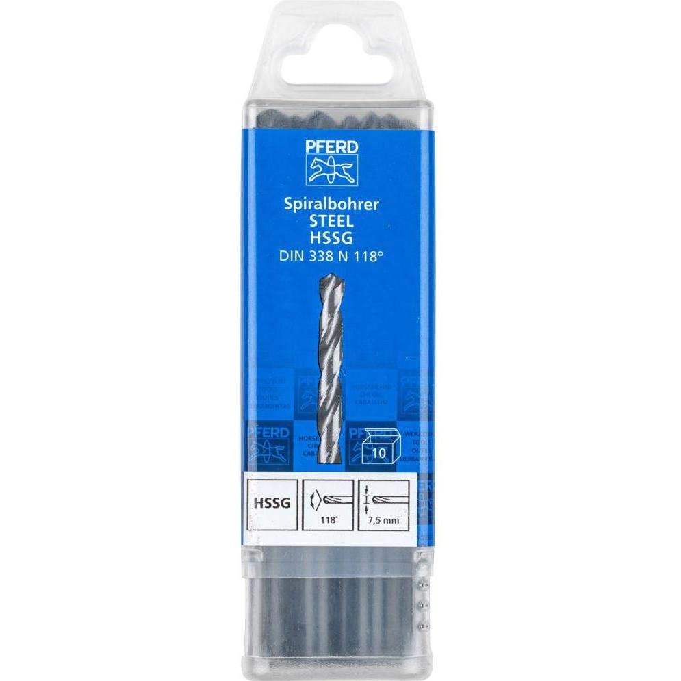 Thumbnail - Pferd, Bohrereinsatz, SPB DIN 338 HSSG N 7,5 STEEL 25203535 Stahl Spiralbohrer Gesamtlänge 109 (7.5 Millimeter)