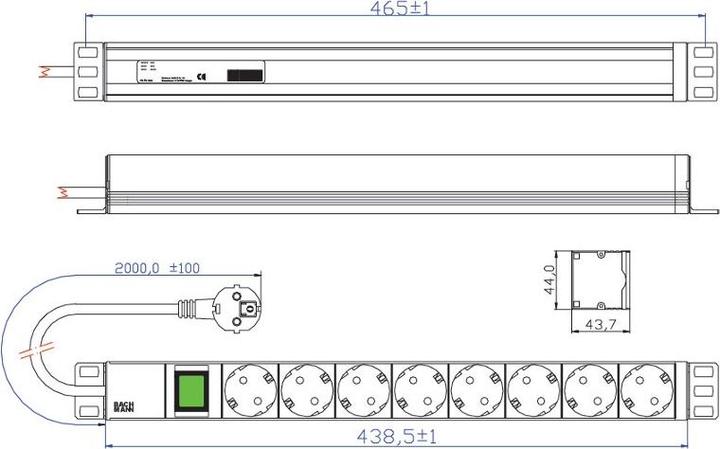 Actual product image Bachmann 19" 1U 8xCEE7/3 1xswitch (8 x, CEE 7/3, 2 m)