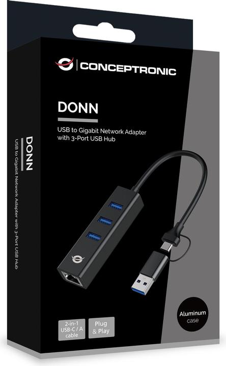 Produktbild Conceptronic Adapter USB3.0-> RJ45,3xUSB3.0,TypC Ad 0.15m sw (USB-A, USB-C, 4 Ports)