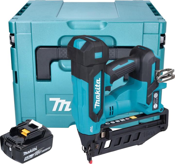 1x Makita DBN 601 cordless nailer, 1x adapter (422B86-0), 1x Makita BL 1850 B 18 V 5.0 Ah battery, 1x Makita Makpac case, without charger
