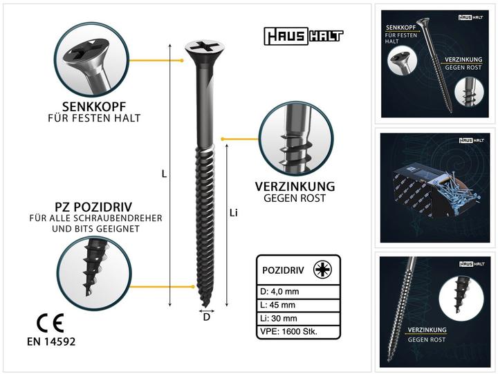 Actual product image Haushalt Universal wood construction screw wood screw 4,0 x 45 mm PZ2 1600 pcs ( 4x 000051371117 ) silver (1 Screws per piece)