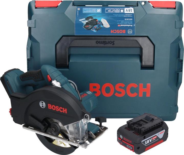 1.2 x 20 mm, 30T, 1x rip fence, 1x L-Boxx 238, 1x matching insert, 1x Bosch GKM 18V-50 Professional cordless metal circular saw, 1x Bosch GBA 18V 4.0Ah rechargeable battery, 1x circular saw blade Standard for Steel 136 x 1.6