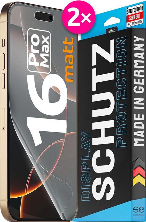 Produktbild Smart Engineered se 3D Schutzfolie Apple iPhone 16 Pro Max entspiegelt (VPE 2) (2 Stück, Apple iPhone 16 Pro Max)