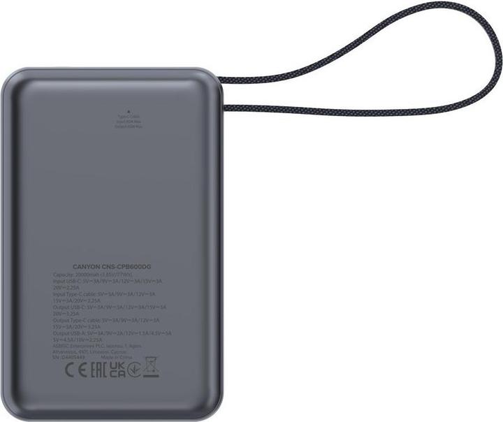 Produktbild Canyon OnPower 600 - Powerbank - 20.000 mAh - display - in USB-C - out USB-C - PD 65W/ USB-A - (20000 mAh, 65 W)