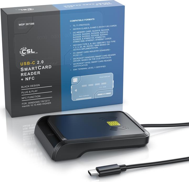 Produktbild CSL Chipkartenleser, SmartCard Reader USB C, NFC, SIM Kartenlesegerät, Personalausweis, Bankkarten uvm. (USB-C)