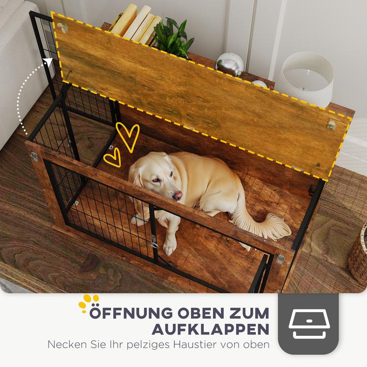 Produktbild PawHut Hundekäfig Spanplatte, Stahl Rustikal-Braun (Hundehütte)