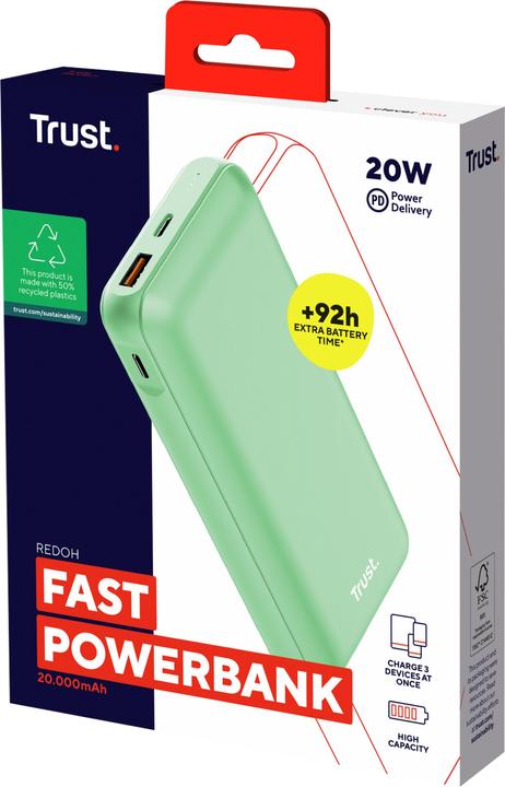 Actual product image Trust Redoh - Powerbank - 20.000 mAh - USB A/USB C - Quick Charge - Groen (20000 mAh, 18 W, 74 Wh)