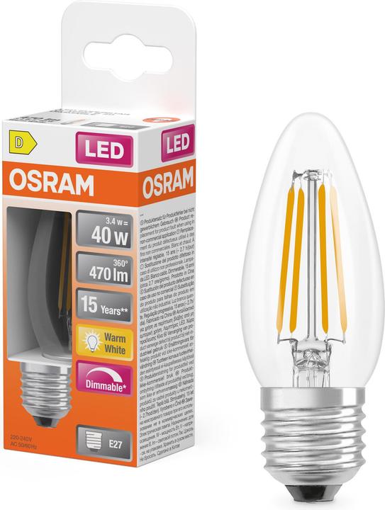 Produktbild Osram LED Leuchtmittel LED Retrofit CLASSIC B DIM 3.4W 827 Clear E27 Dimmbar Warm weiss 4099854445439 (E27, 470 lm, 1x)