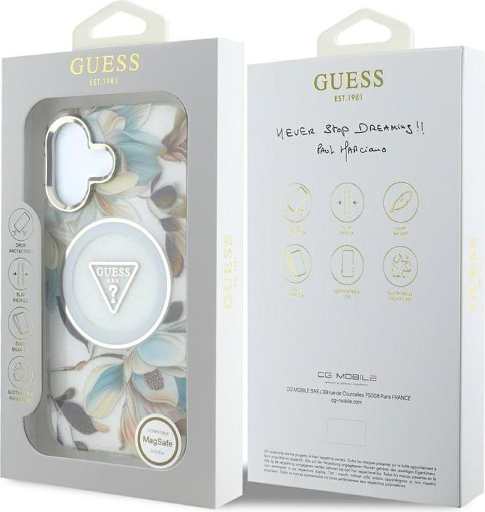 Immagine prodotto Guess Glitter Flowers Triangle Buttons MagSafe case for iPhone 16 white (Apple iPhone 16)