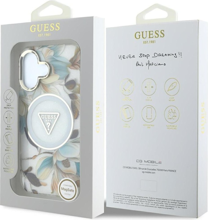 Produktbild Guess Glitter Flowers Triangle Buttons MagSafe case for iPhone 16 white (Apple iPhone 16)