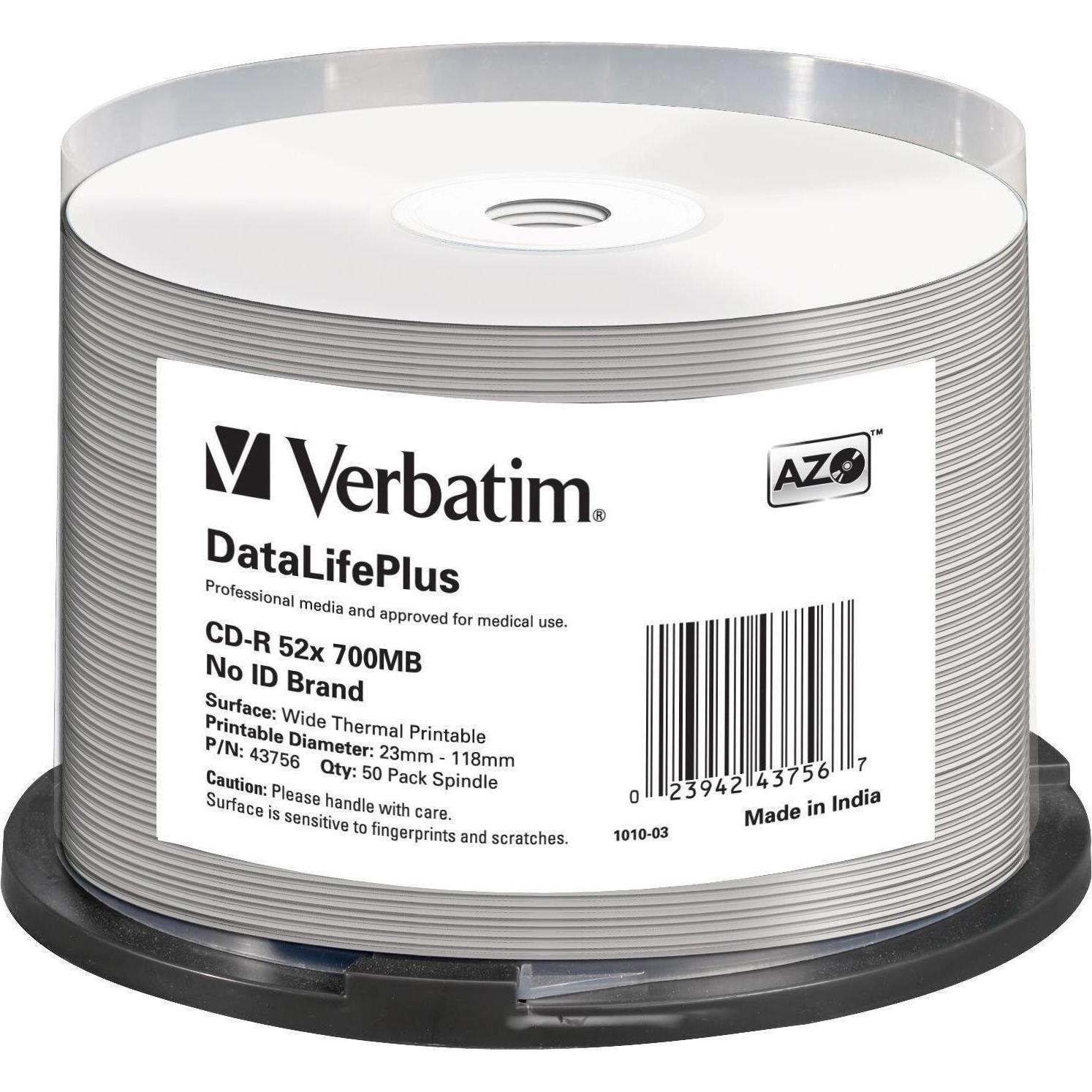Verbatim CD-R, 700MB, 52x, 50er Wide Thermal bedruckbar (50 x), Optischer Datenträger