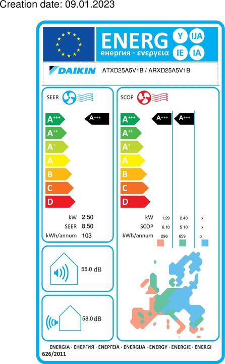 Label énergétique Daikin CONDIZ. ARXD 25 A ESSENCE WIFI 9000BTU () (9000 BTU/h)