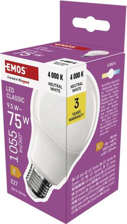 Image du produit Emos LED Lampe Classic A60 / E27 / 9,5 W (75 W) / 1055 lm / Neutral Weiss (E27, 9.50 W, 1055 lm, 1 x, E)