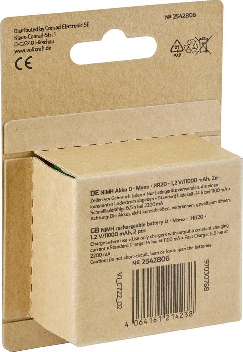 Produktbild Voltcraft HR20 Mono D -Akku NiMH 11000 mAh 1.2 V 2 St. (2 Stk., D, 11000 mAh)