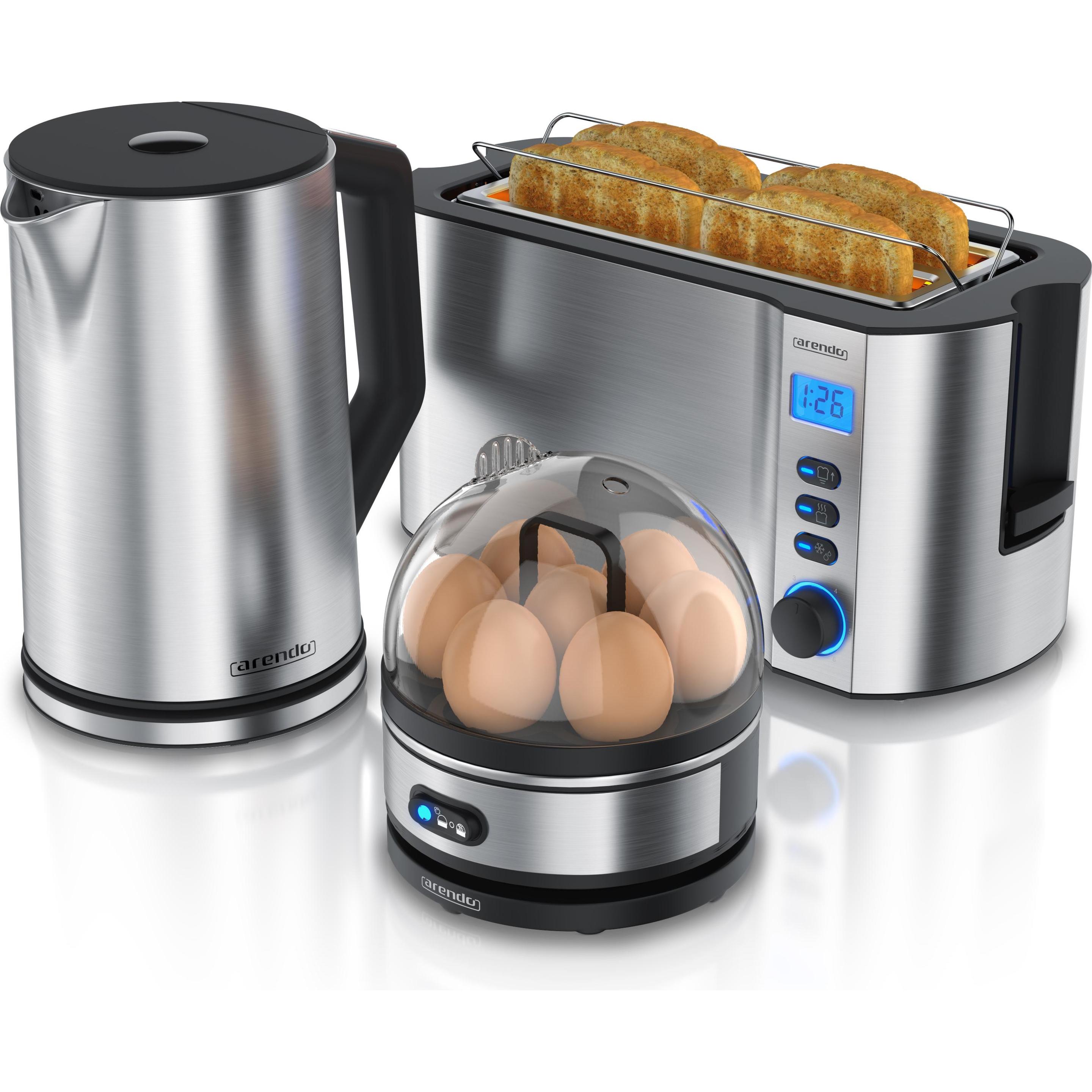 Arendo Frühstücks Set, Wasserkocher 1,5l Temperaturwahl, 4-Scheiben Toaster & Eierkocher für 7 Eier, Silber, Eierkocher,...