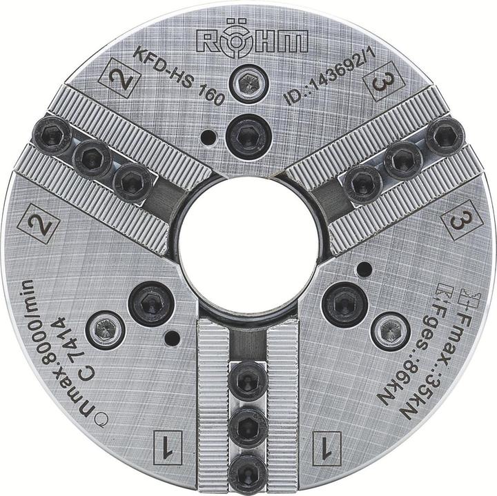Produktbild Röhm Kraftspannfutter KFD-HS 140, 3-Backen, Spitzverzahnung 90°, Zylindrische Zentrieraufnahme