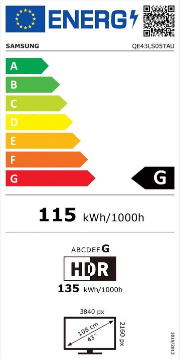 Etichetta energetica Samsung QE43LS05, The Sero (43", QLED, 4K, 2020)