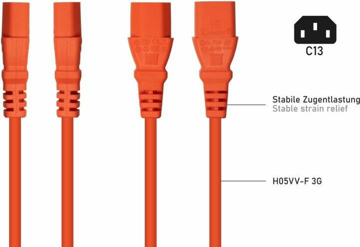 Actual product image Kabelmeister Mains cable earthing contact plug type E+F (90° thread) to IEC socket C13, orange, 1 (10 m)