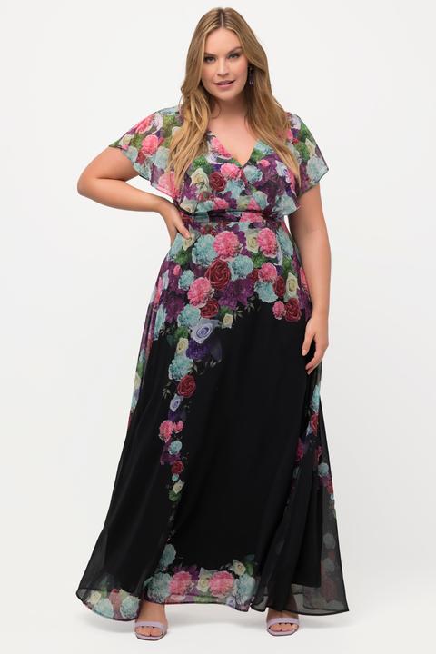 Image du produit Ulla Popken Robe maxi en mousseline à fleurs. Décolleté en V, manches courtes. (46)