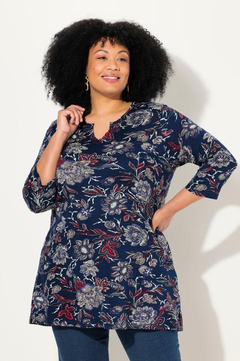 Image du produit Ulla Popken T-shirt long à fleurs. Col tunisien, manches 3/4. Coupe évasée. (68)