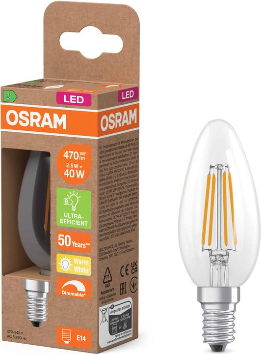 Produktbild Osram LED-Lampe Classic, dimmbar, E14, 2,5 W, 2700 K, EEK: B, 470 lm, IP20, warmweiss (E14, 470 lm, 6x)