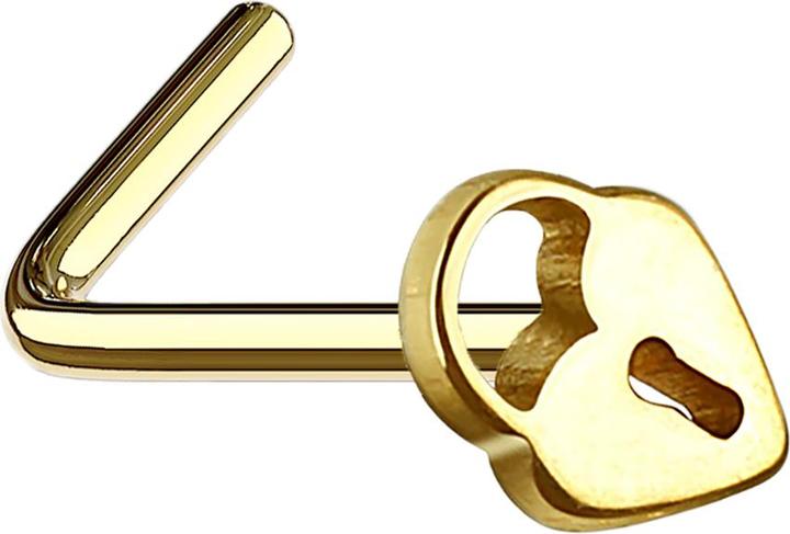 Produktbild Star Piercing Nasenstecker gewinkelt vergoldet mit Herzschloss (ohne Messing, Chirurgenstahl 316L)