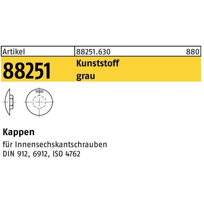 Zubehör Befestigungstechnik, Kappe R 88251 f.Innen-6-kant 6 M 8 Kunststoff grau