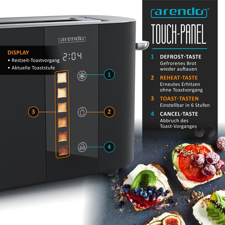 Produktbild Arendo Toaster Edelstahl 2 Scheiben Langschlitz, Bräunungsgrad & Restzeitanzeige, Touch Display, 1000 W