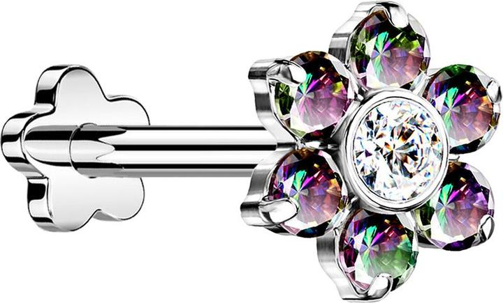 Produktbild Star Piercing Micro Threadless Labret Blume silber Blume Kristalle dunkel mulitcolor (ohne Messing, Titan)