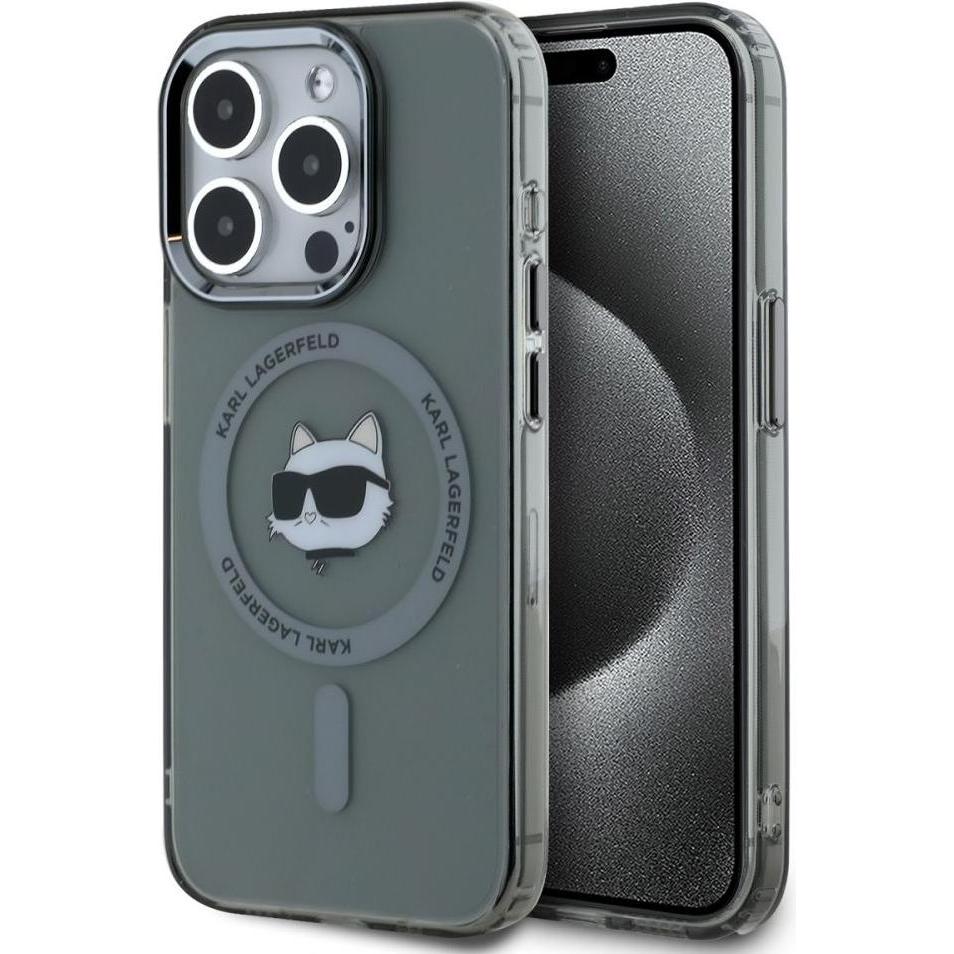 Karl Lagerfeld IML Choupette Head Metal Frame MagSafe Case for iPhone 15 Pro Black (Apple iPhone 15 Pro), Smartphone Hül...