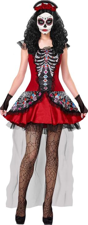 Widmann Mujer Dia de Los Muertos Kleid, fingerlose Handschuhe, Kopfschmuck (XL)