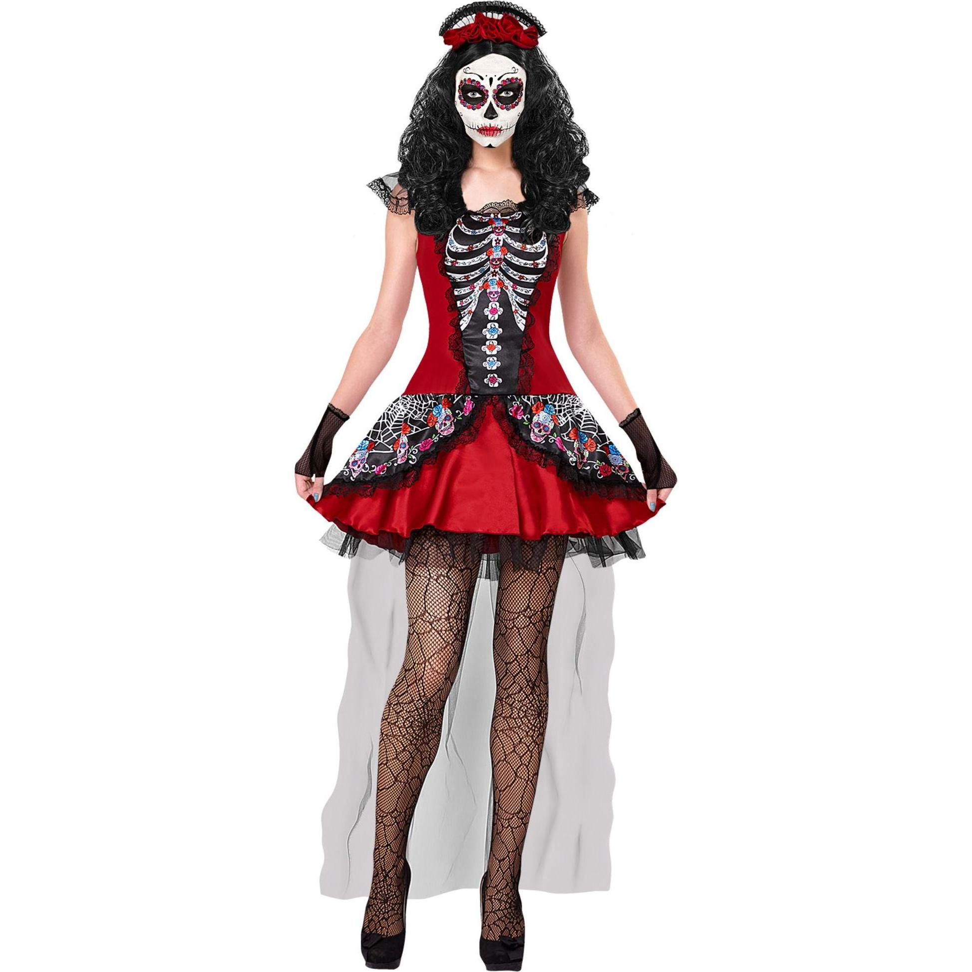 Widmann Mujer Dia de Los Muertos Kleid, fingerlose Handschuhe, Kopfschmuck (XL)