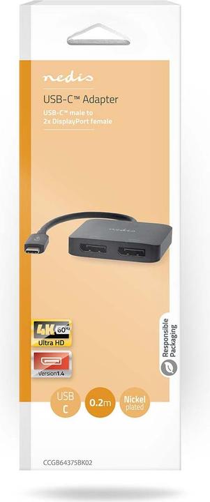 Actual product image Nedis USB-C™ Adapter | USB 3.2 Gen 1 | USB-C™ Male | 2x Displayport Female | 4K@60Hz | 0.20 m | R (USB-C, 20 cm)