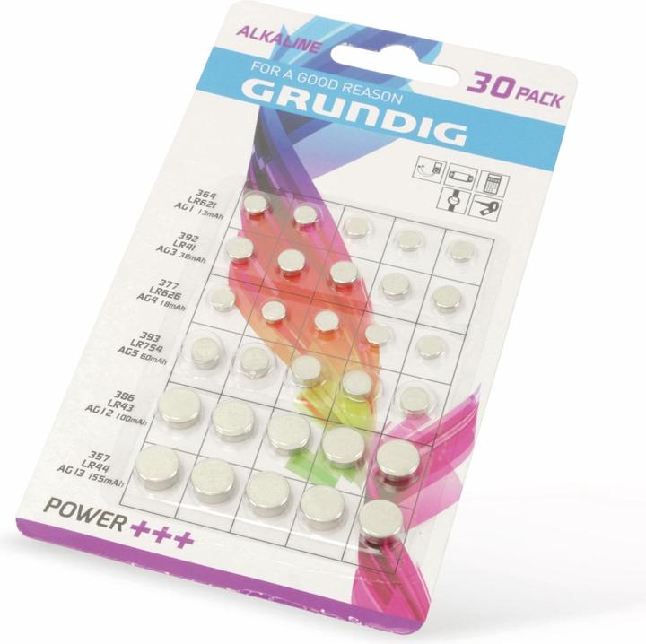 Image du produit Grundig Power+++ (30 pcs, A76 / LR44 / AG13 / L1154 / LR1154 / 157, AG3 / SR41 / LR41 / SR736 / V384 / V392 / 384 / 392 / SG3 / SR41W, AG4 / LR66 / LR626 / LR626 / SR66 / SR626SW, LR43, LR621., LR754, 155 mAh)