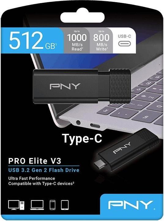 Actual product image PNY Pro Elite V3 Type-C USB 3.2 512GB Flash Drive (512 GB, USB-C)
