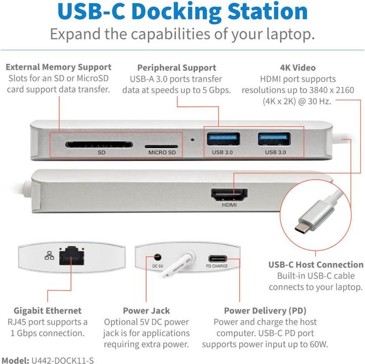 Actual product image Eaton USB-C Dock 4K HDMI USB 3.2 Gen 1 USB-A/C Hub GbE Memory Card 60W PD Charging (USB-C, 4 ports)