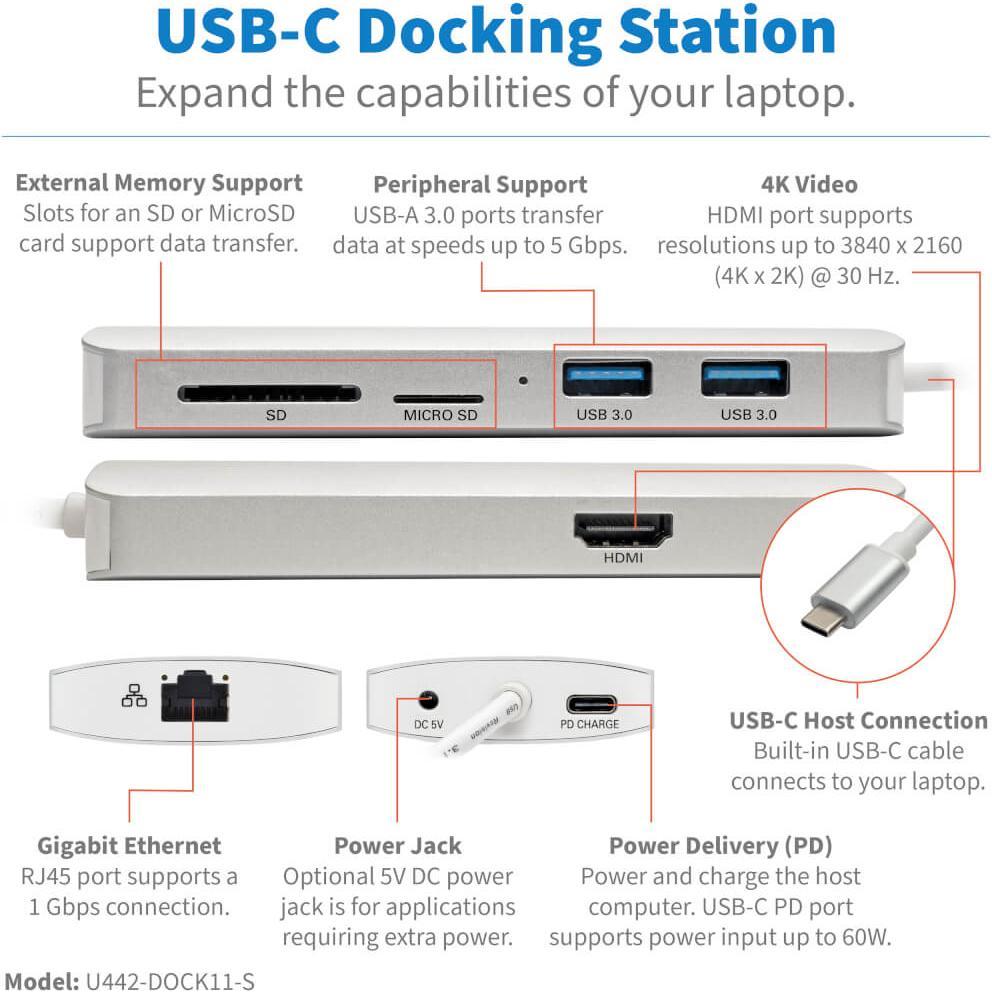 Thumbnail - Eaton USB-C Dock 4K HDMI USB 3.2 Gen 1 USB-A/C Hub GbE Memory Card 60W PD Charging (USB-C, 4 Ports), Dockingstation + US...