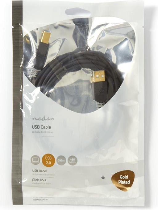 Produktbild Nedis USB-Kabel | USB 2.0 | USB-A Stecker | USB-B Stecker | 480 Mbps | Vergoldet | 3.00 m | rund | PVC | A (3 m, USB 2.0)