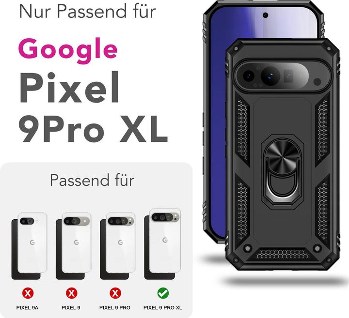 Produktbild Nalia RingDefend - Schwarze Panzerhülle mit 360-Grad Finger-Halter & Ständer - Military Style Cover (Google Pixel 9 Pro XL)