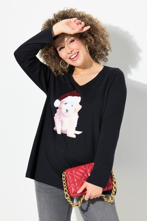 Produktbild Ulla Popken Weihnachtsshirt, Welpe, A-Linie, V-Ausschnitt, Langarm (56)