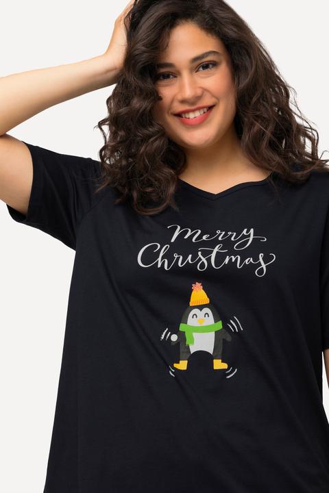 Immagine prodotto Ulla Popken Maglia natalizia dal taglio svasato con pinguino, scollo a V e mezze maniche (46, 48)