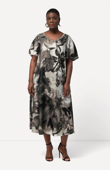 Produktbild Ulla Popken Midikleid, Blüten, Ziersteine, V-Ausschnitt, Halbarm (50, 52)