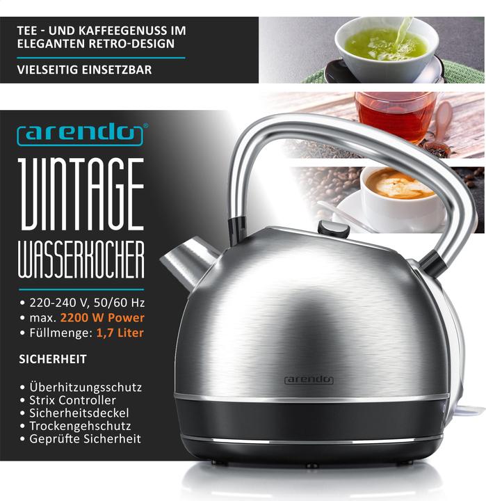 Image du produit Arendo Bouilloire 1,7 l, 2200 W, acier inoxydable, style rétro vintage, protection contre la surchauffe et (1.70 l)