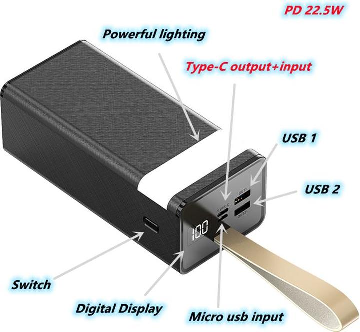 Actual product image PhoneLook Power Bank Luxurieux 50000mAh Chargement rapide PD 22W LED Ultra Capacité (50000 mAh)
