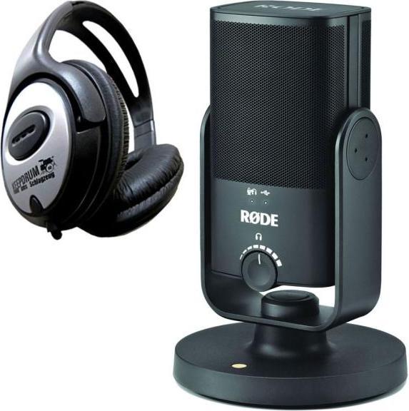 Actual product image RØDE NT-USB MINI condenser microphone with headphones