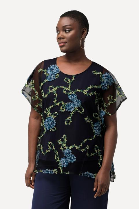 Immagine prodotto Ulla Popken Blusa a doppio strato con fiori ricamati, scollo a girocollo e mezze maniche (42, 44)